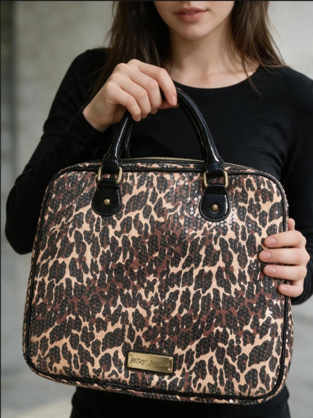 Betsy Johnson Animal Print Sequined Laptop Case Bag Tote